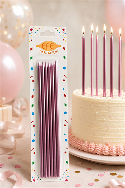 Metalik Rose Gold Pembe Uzun Pasta Mumu 20 Cm
