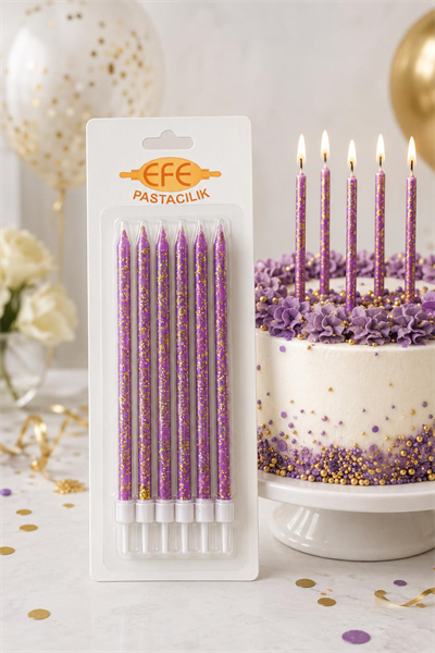 Mor Gold Simli Uzun Pasta Mumu 17 Cm