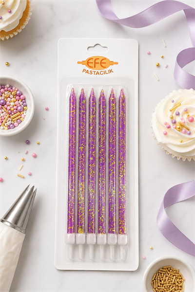 Mor Gold Simli Uzun Pasta Mumu 17 Cm