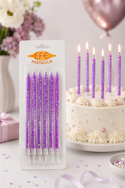 Mor Gümüş Simli Uzun Pasta Mumu 17 Cm
