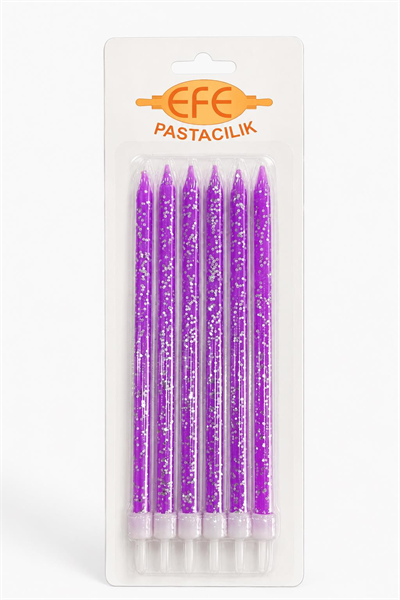 Mor Gümüş Simli Uzun Pasta Mumu 17 Cm