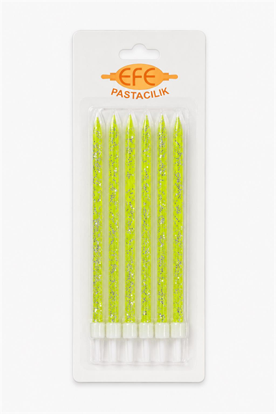 Neon Yeşil Gümüş Simli Uzun Pasta Mumu 17 Cm
