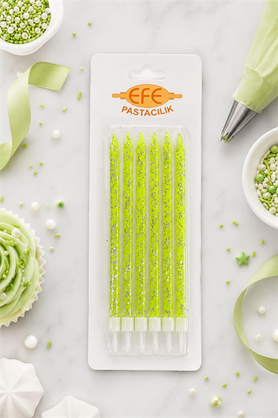 Neon Yeşil Gümüş Simli Uzun Pasta Mumu 17 Cm