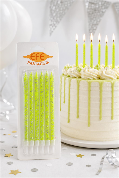 Neon Yeşil Gümüş Simli Uzun Pasta Mumu 17 Cm