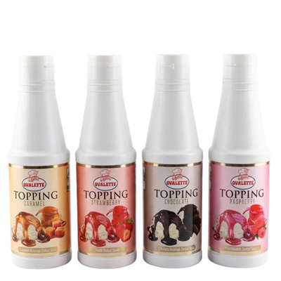Ovalette Topping 4’lü Sos Seti Çilek, Karamel, Çikolata ve Frambuaz 1 Kg – Waffle, Pancake ve Tatlı Sunumları İçin Profesyonel Sos Seti