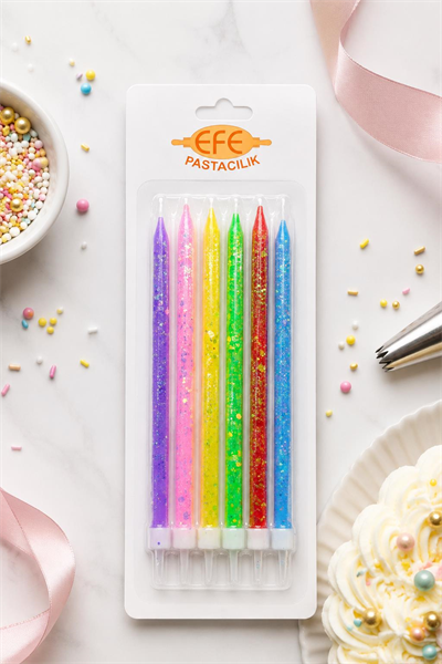 Uzun Pul Simli Karışık Renkli Pasta Mumu 17 Cm