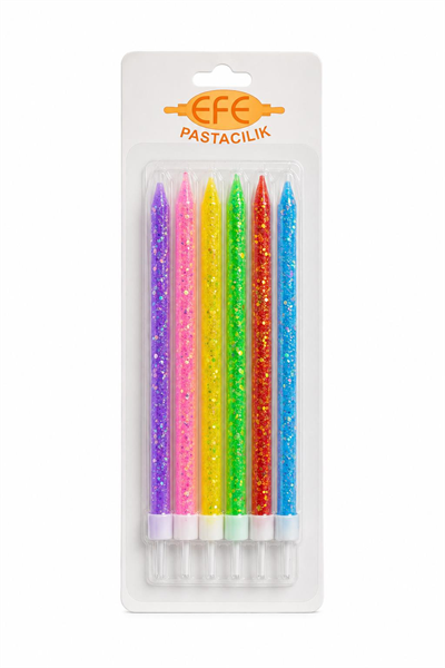 Uzun Pul Simli Karışık Renkli Pasta Mumu 17 Cm