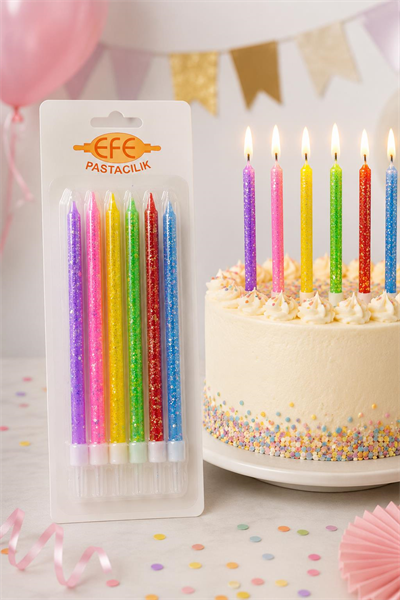 Uzun Pul Simli Karışık Renkli Pasta Mumu 17 Cm