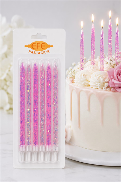 Pembe Beyaz Uzun Pul Simli Pasta Mumu 17 Cm