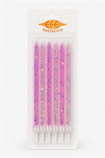 Pembe Beyaz Uzun Pul Simli Pasta Mumu 17 Cm
