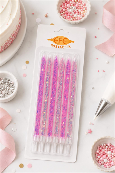 Pembe Beyaz Uzun Pul Simli Pasta Mumu 17 Cm