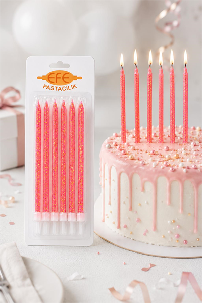 Pembe Gold Simli Uzun Pasta Mumu 17 Cm