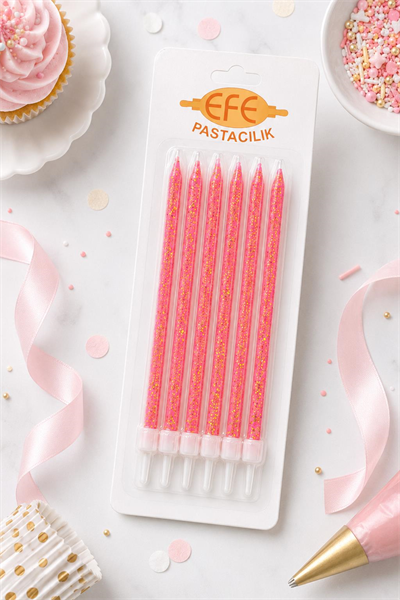 Pembe Gold Simli Uzun Pasta Mumu 17 Cm