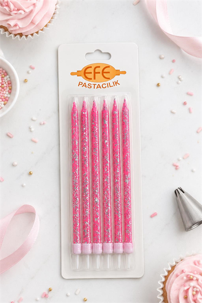 Pembe Gümüş Simli Uzun Pasta Mumu 17 Cm