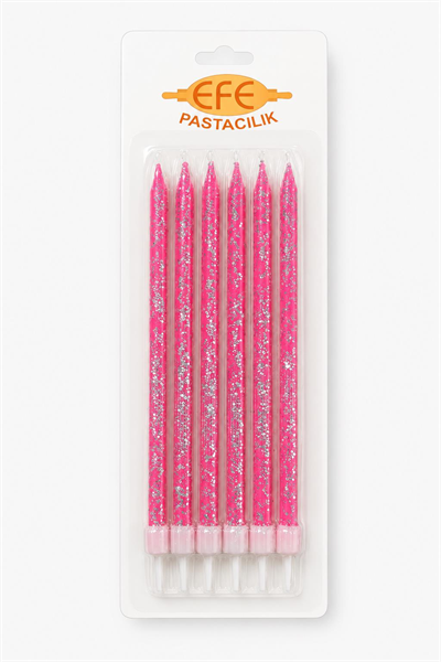 Pembe Gümüş Simli Uzun Pasta Mumu 17 Cm