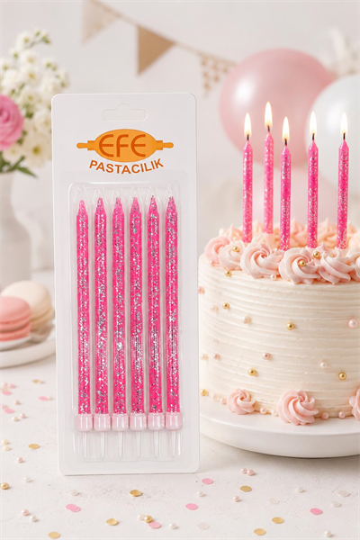 Pembe Gümüş Simli Uzun Pasta Mumu 17 Cm