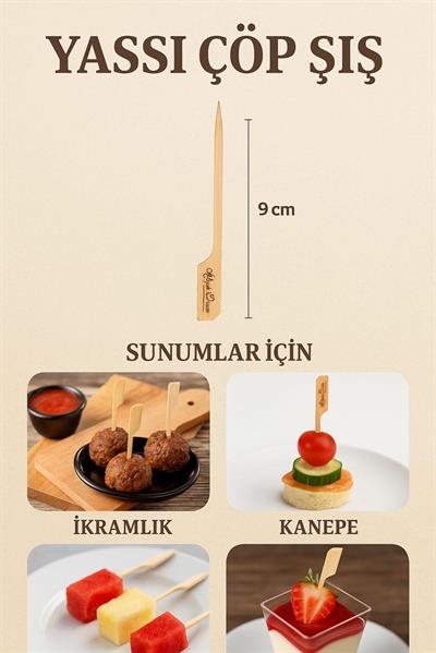 Yassı Çöp Şiş 9 cm – Ahşap Sunum Çubuğu 50 Li