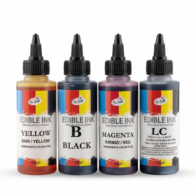 Yenilebilir Yazıcı Gıda Mürekkebi 115 ML 4lü Set – Siyah, Sarı, Magenta (Kırmızı), Cyan (Mavi) CMYK Pasta Baskı Mürekkebi
