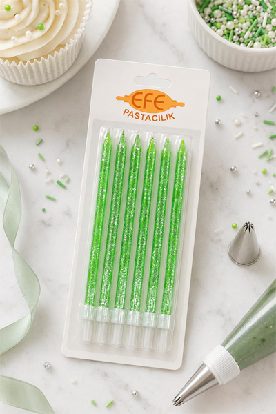 Yeşil Gümüş Simli Uzun Pasta Mumu 17 Cm