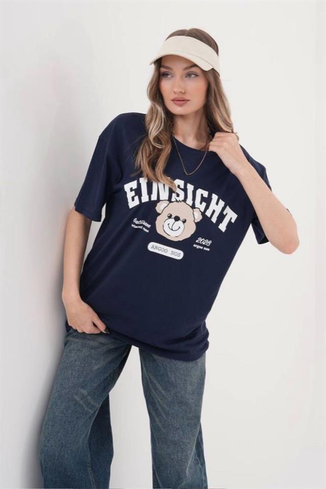 Lacivert Ayıcık Desenli Oversize Kadın Tişört