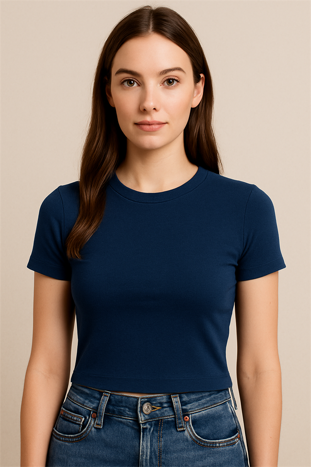 Sıfır Yaka Lacivert Modal Kumaş Kadın Crop