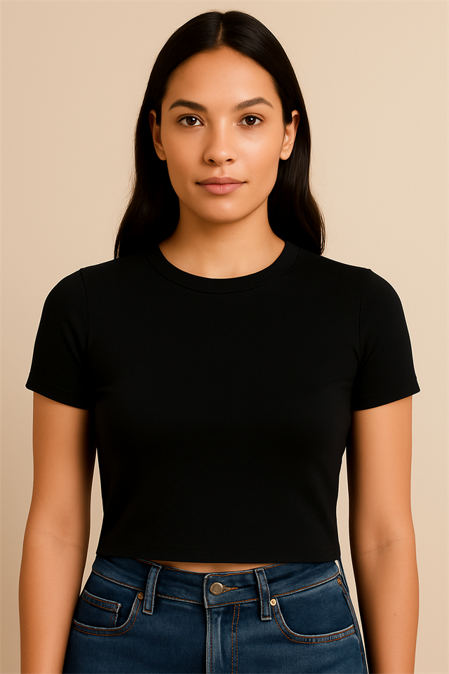 Sıfır Yaka Siyah Modal Kumaş Kadın Crop