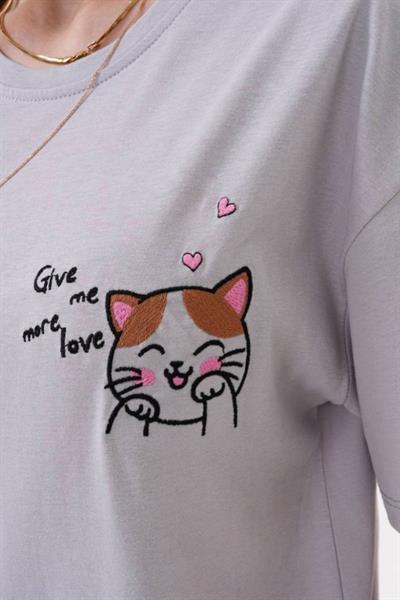 Cat Desenli Oversize Kadın Tişört