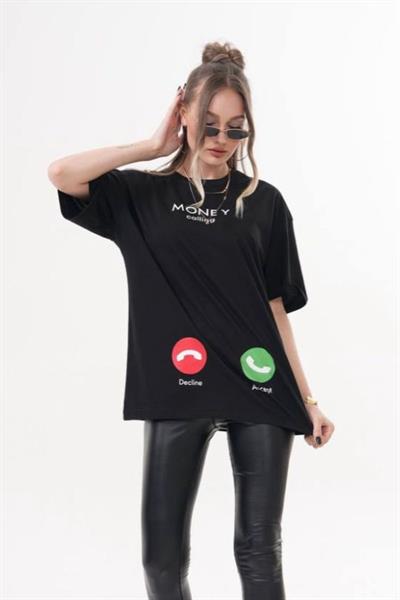 Money Call Baskılı Oversize Kadın Tişört