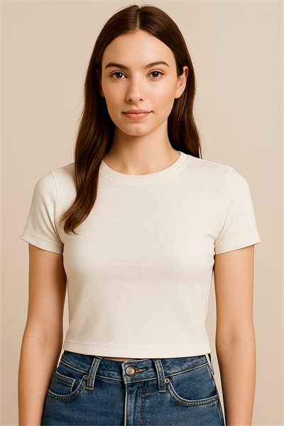 Sıfır Yaka Beyaz Modal Kumaş Kadın Crop
