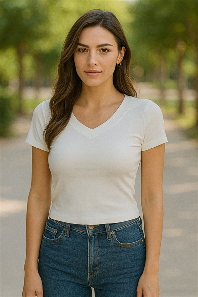 V Yaka Beyaz Modal Kumaş Kadın Crop
