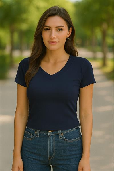 V Yaka Lacivert Modal Kumaş Kadın Crop
