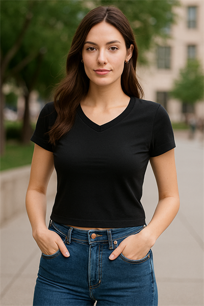 V Yaka Siyah Modal Kumaş Kadın Crop