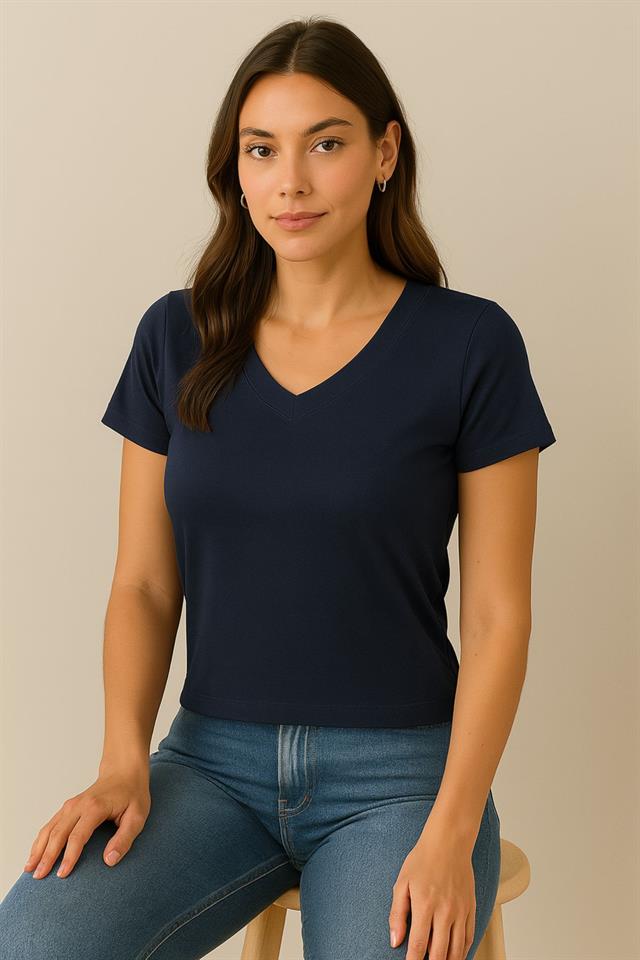 V Yaka Lacivert Modal Kumaş Kadın Crop