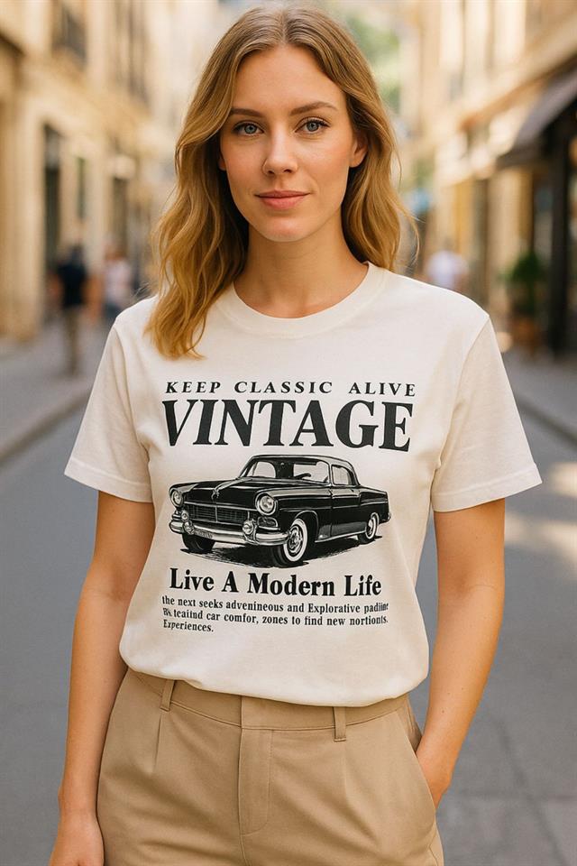 Vintage Baskılı Kadın Tişört