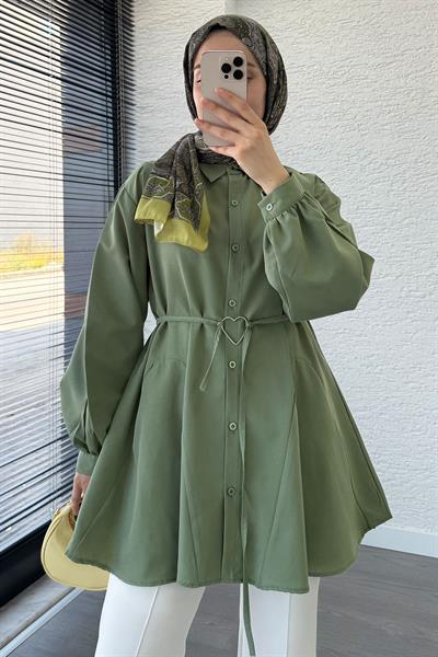 Kalp Kemer Detaylı Poplin Tunik-Haki