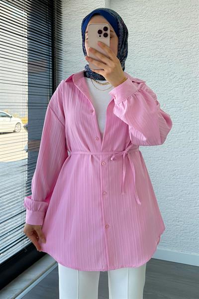 Kuşak Detaylı Oversize Yazlık Tunik - Pembe