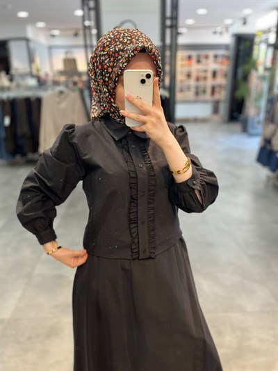 Alesya Baskı Taşlı Önü Fırfırlı Bluz Etek Takım - Siyah