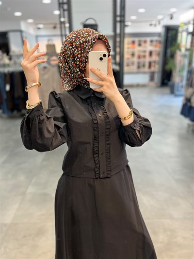 Alesya Baskı Taşlı Önü Fırfırlı Bluz Etek Takım - Siyah