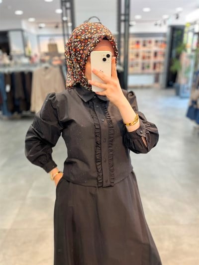 Alesya Baskı Taşlı Önü Fırfırlı Bluz Etek Takım - Siyah