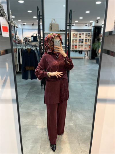 Alesya Beli Kumaş Aksesuar Detaylı Cupra Takım - Bordo