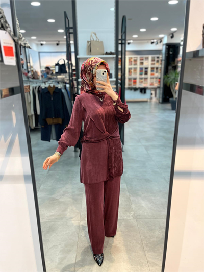 Alesya Beli Kumaş Aksesuar Detaylı Cupra Takım - Bordo