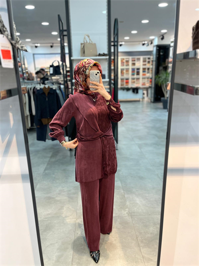 Alesya Beli Kumaş Aksesuar Detaylı Cupra Takım - Bordo