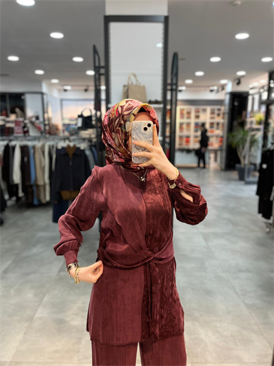 Alesya Beli Kumaş Aksesuar Detaylı Cupra Takım - Bordo