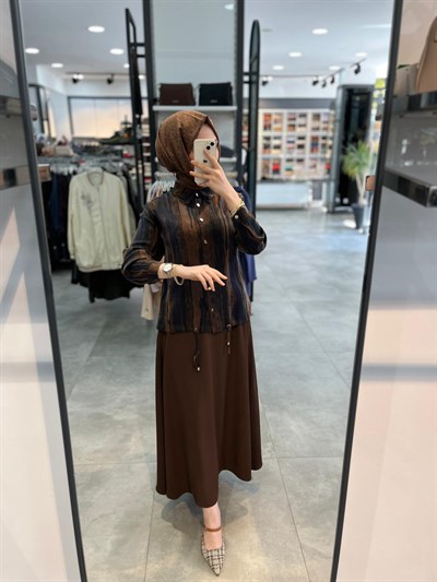 Alesya Bluz Ucu Büzgülü Etekli Takım - Kahve