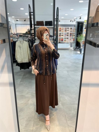 Alesya Bluz Ucu Büzgülü Etekli Takım - Kahve