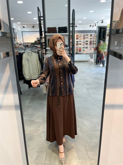 Alesya Bluz Ucu Büzgülü Etekli Takım - Kahve