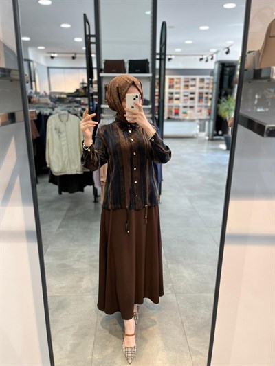 Alesya Bluz Ucu Büzgülü Etekli Takım - Kahve