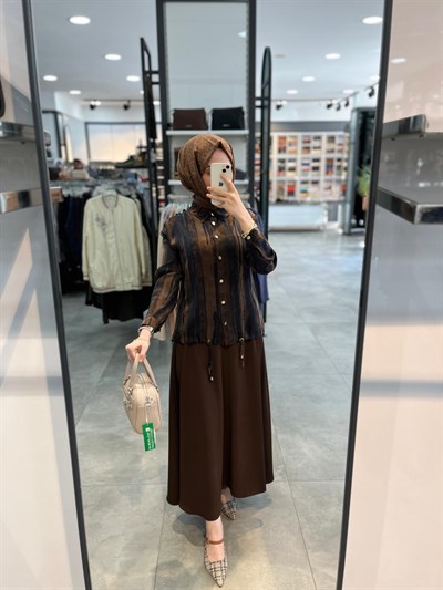 Alesya Bluz Ucu Büzgülü Etekli Takım - Kahve