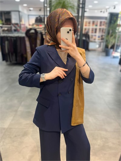 Alesya Çift Düğme Kruvaze Ceket Pantolon Takım - Lacivert
