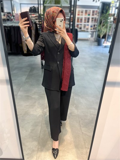 Alesya Çift Düğme Kruvaze Ceket Pantolon Takım - Siyah